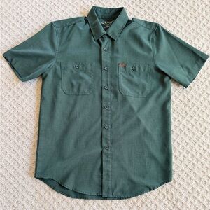 Orvis Tech Chambray Work Shirt Mens Green Button Short Sleeve Classic - Small